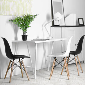 Room interior with commode, frames, chairs and table on white wa Chevron White